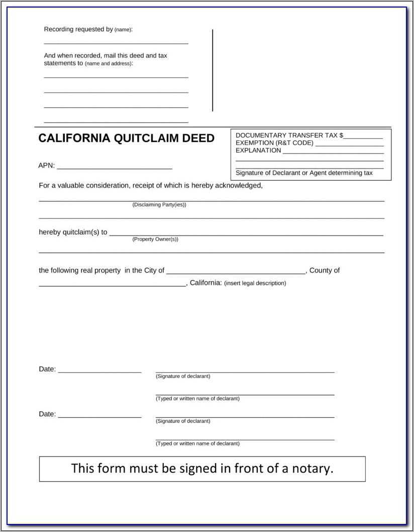 Quit Claim Deed Form California Sample