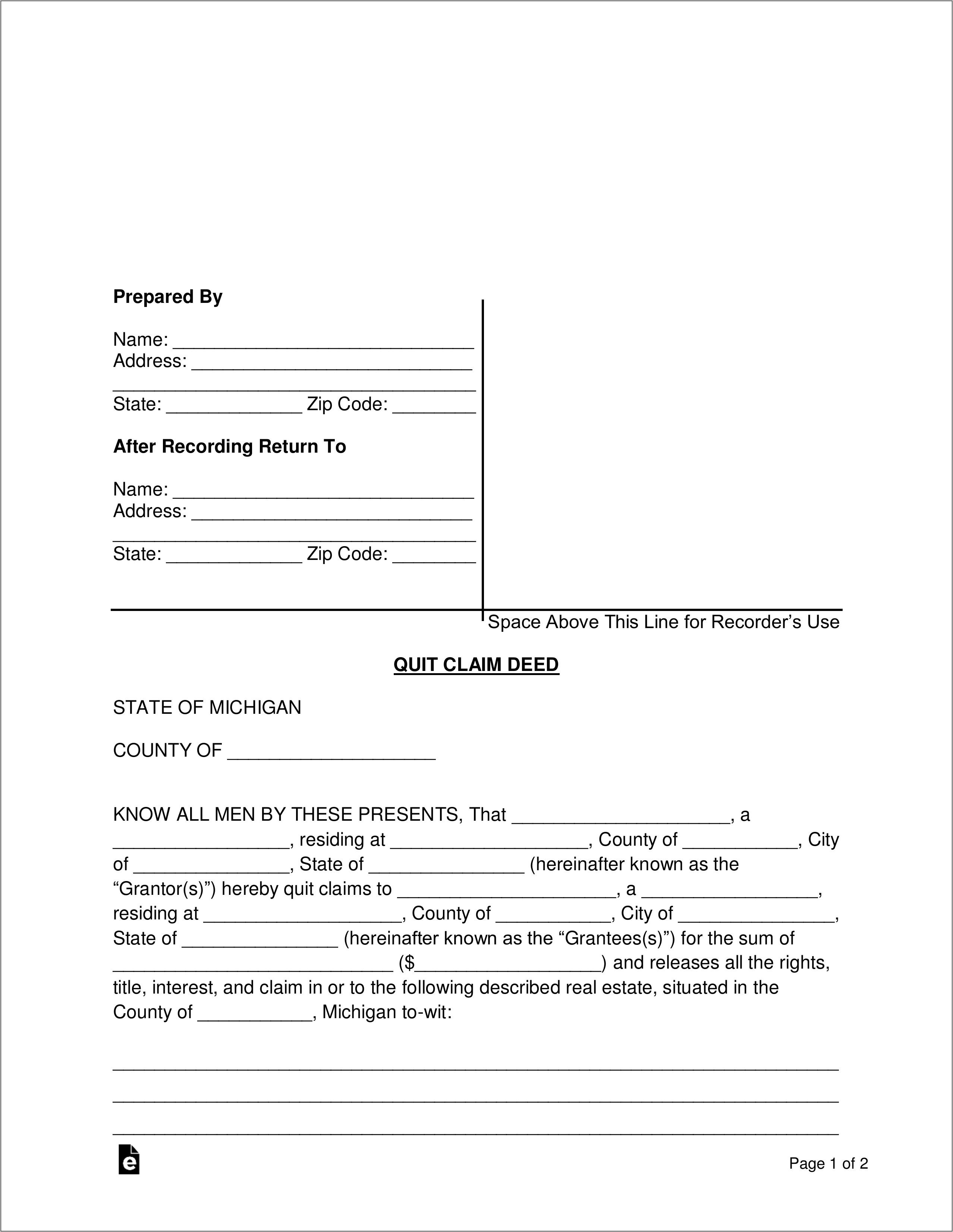 Quit Claim Deed Michigan Word Document