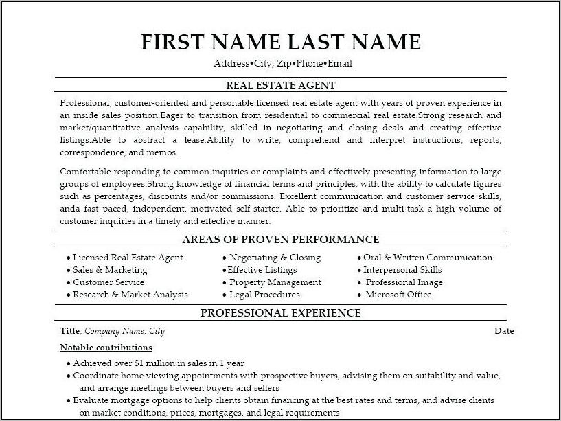 Real Estate Agent Resume Sample No Experience