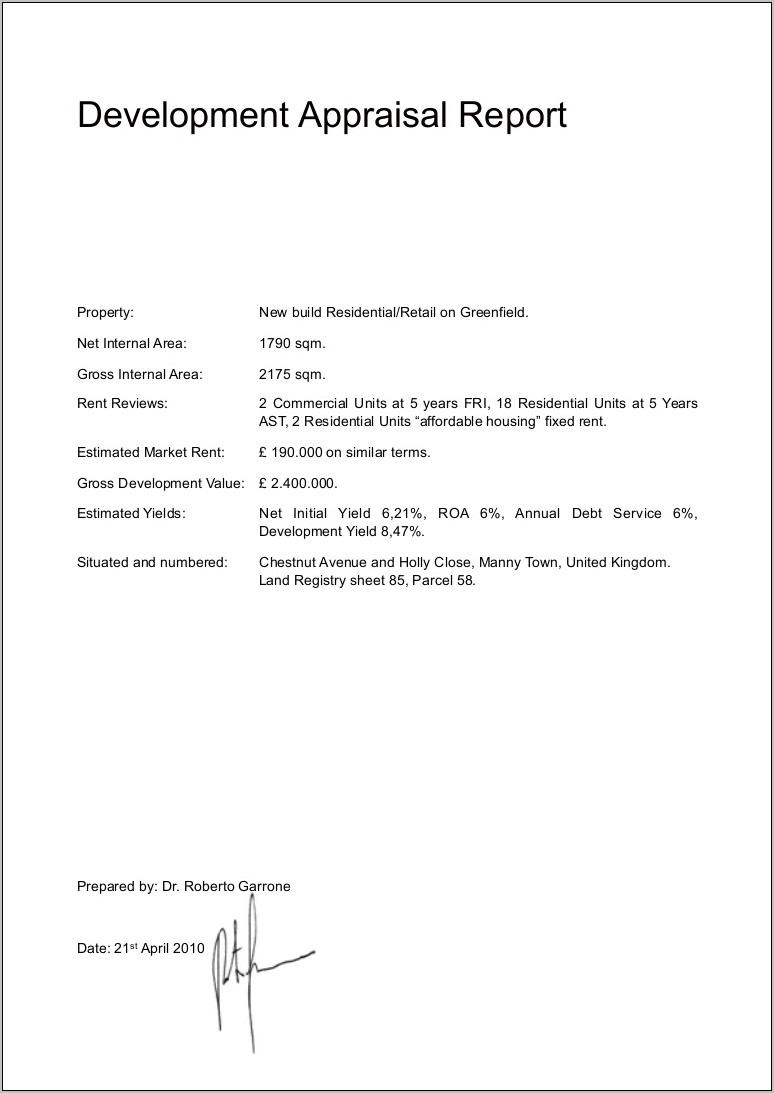 Real Estate Development Appraisal Example