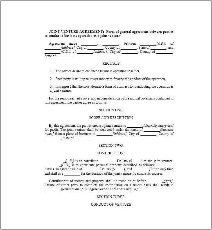 Real Estate Joint Venture Agreement Template Free