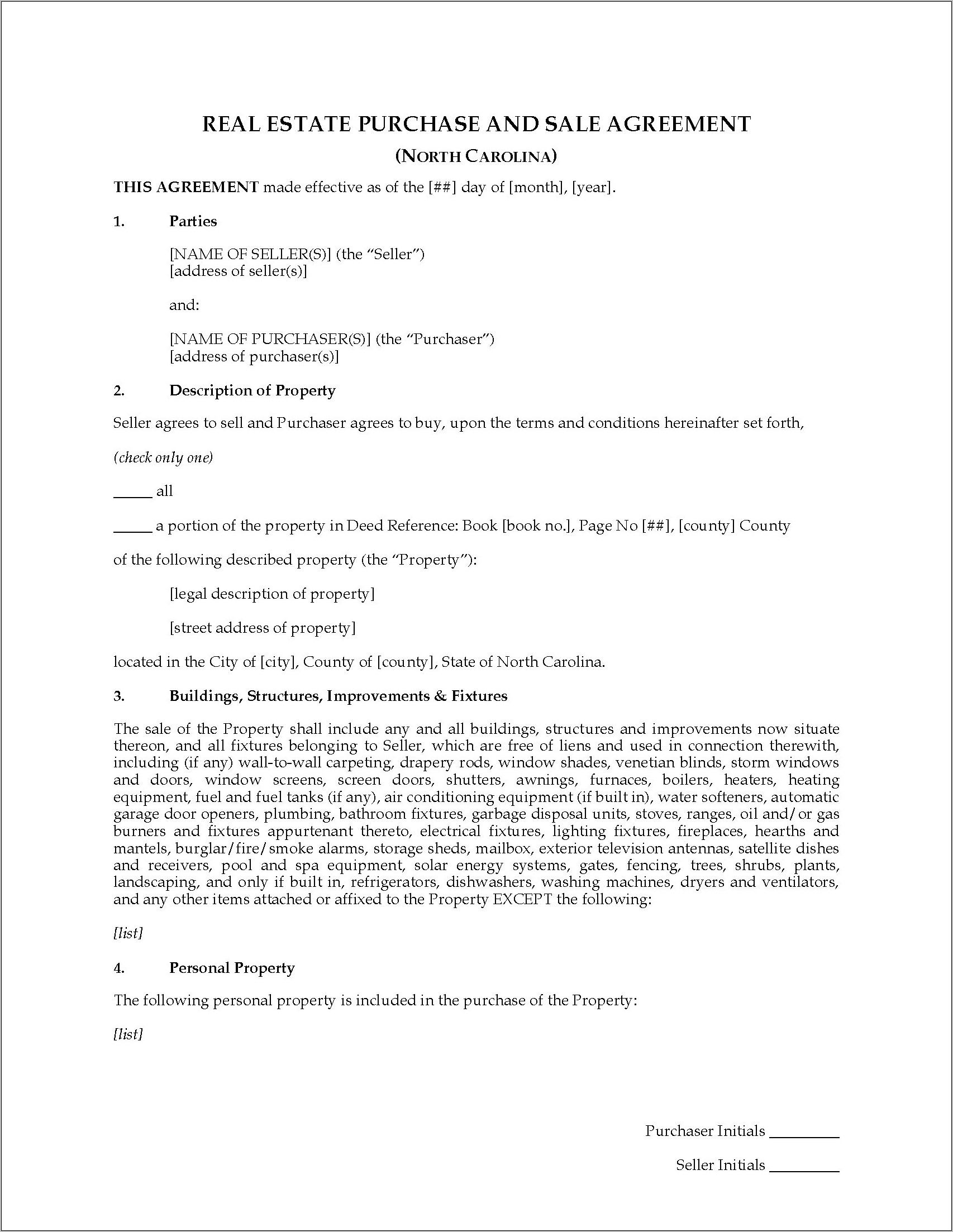 Real Estate Purchase Agreement Template North Carolina