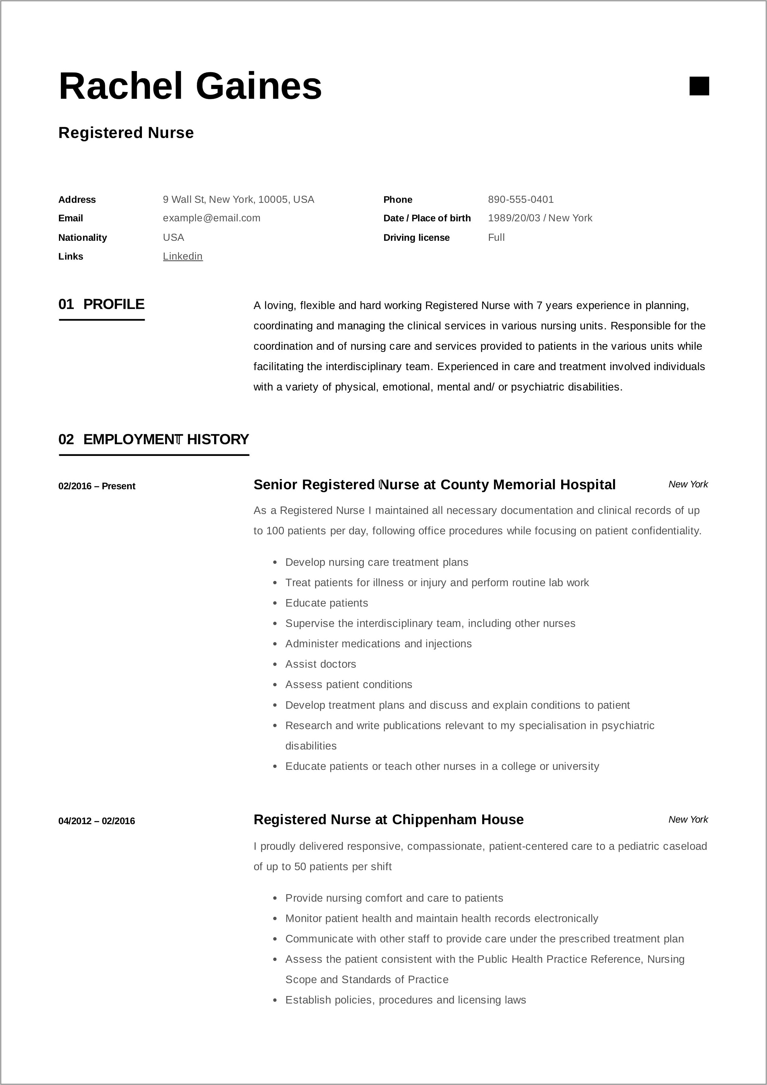 Registered Nurse New Graduate Resume