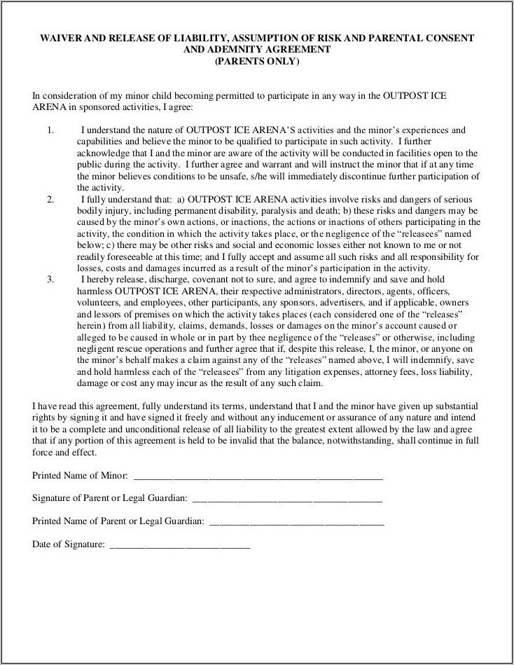 Release Of Liability Agreement Sample