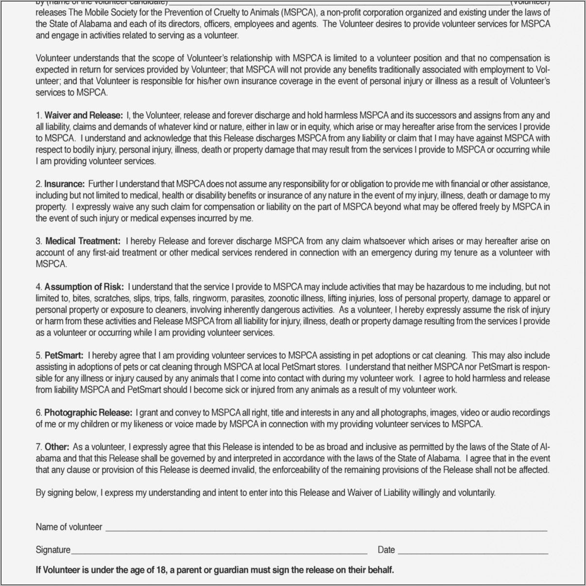 Release Of Liability Waiver Form Pdf