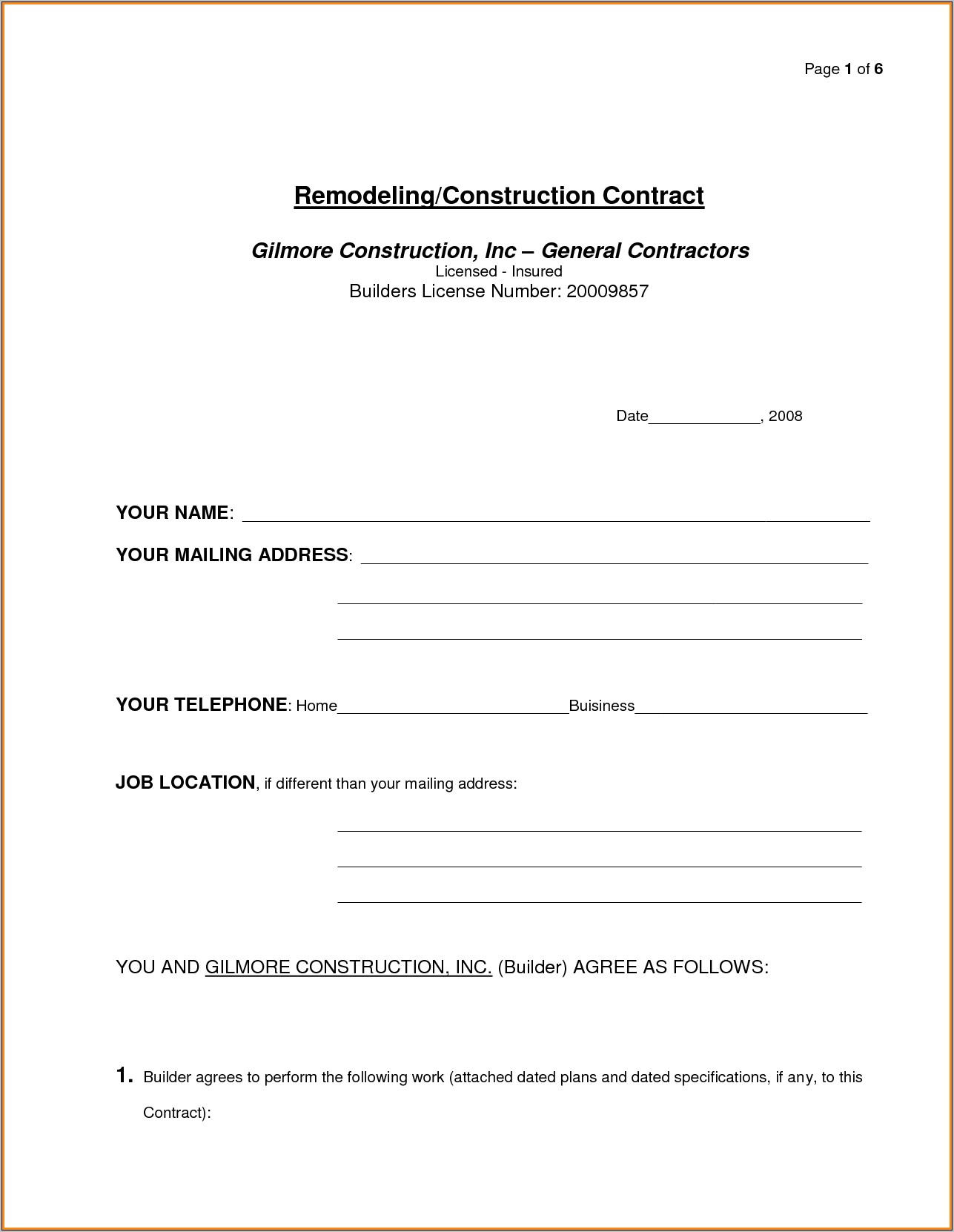 Remodeling Construction Contract Template