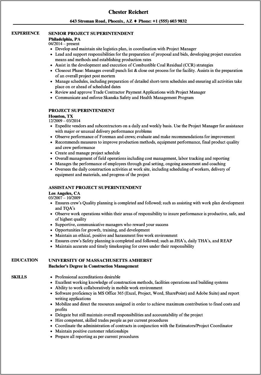 Residential Construction Superintendent Resume Examples