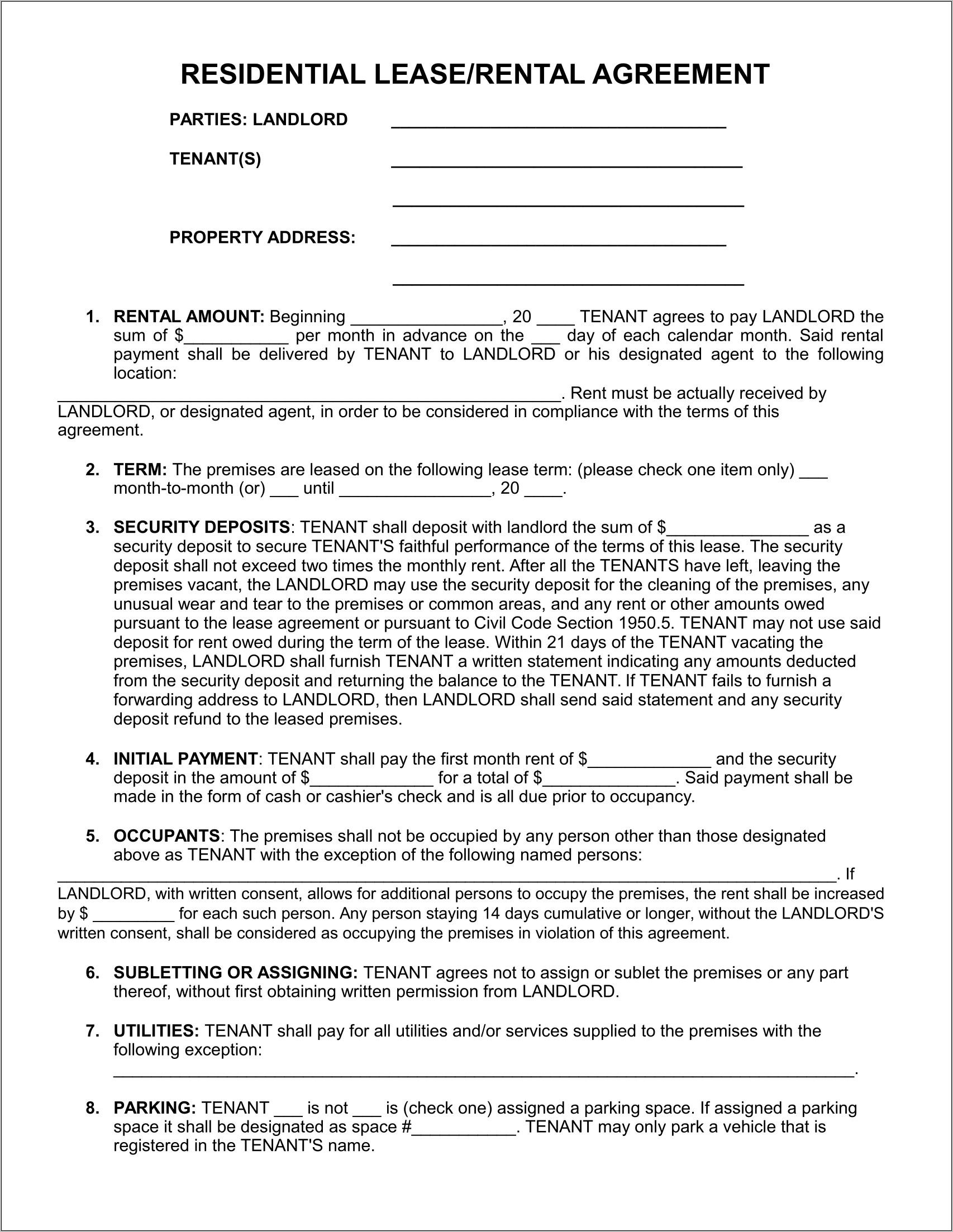Residential Lease Agreement Template California