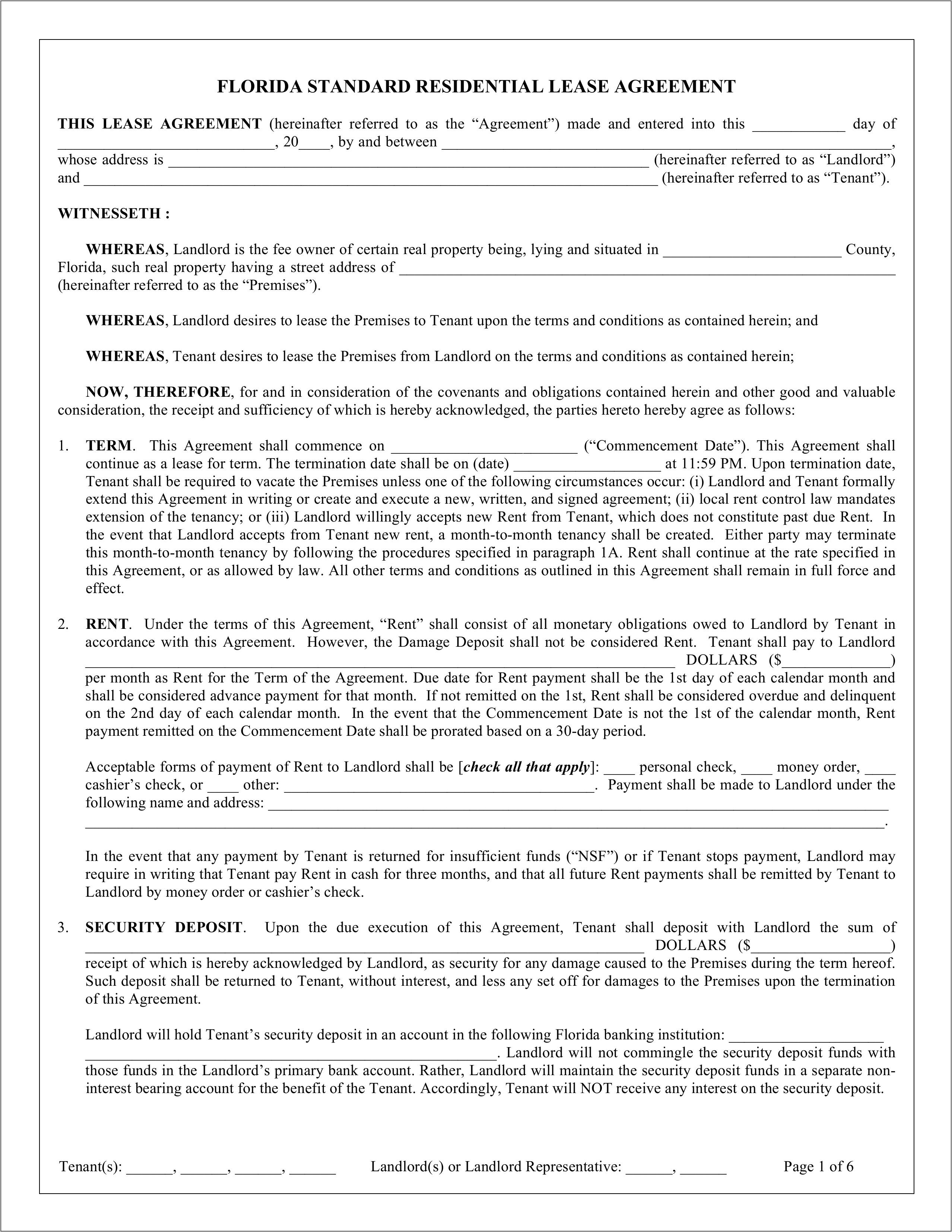 Residential Lease Agreement Template Florida
