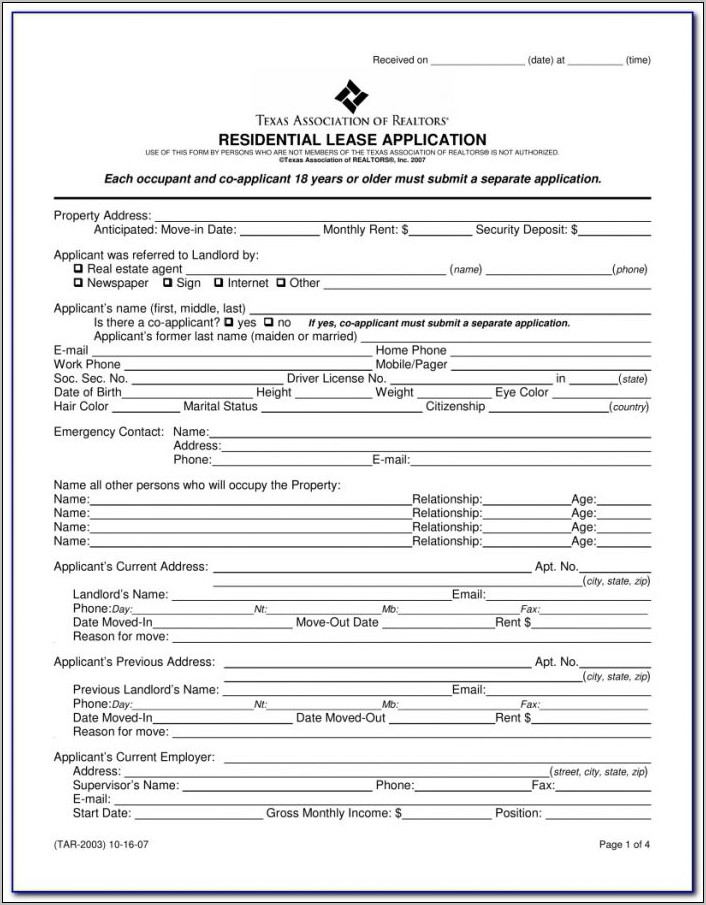 Residential Lease Application Form Texas