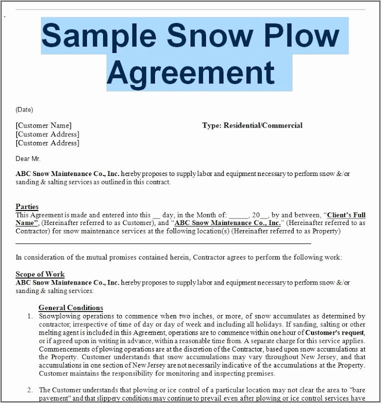 Residential Snow Plow Contract Template