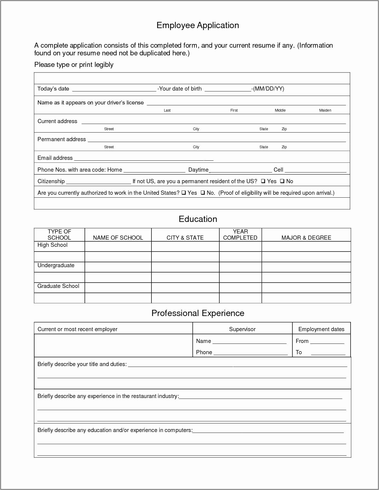 Restaurant Application Form Template