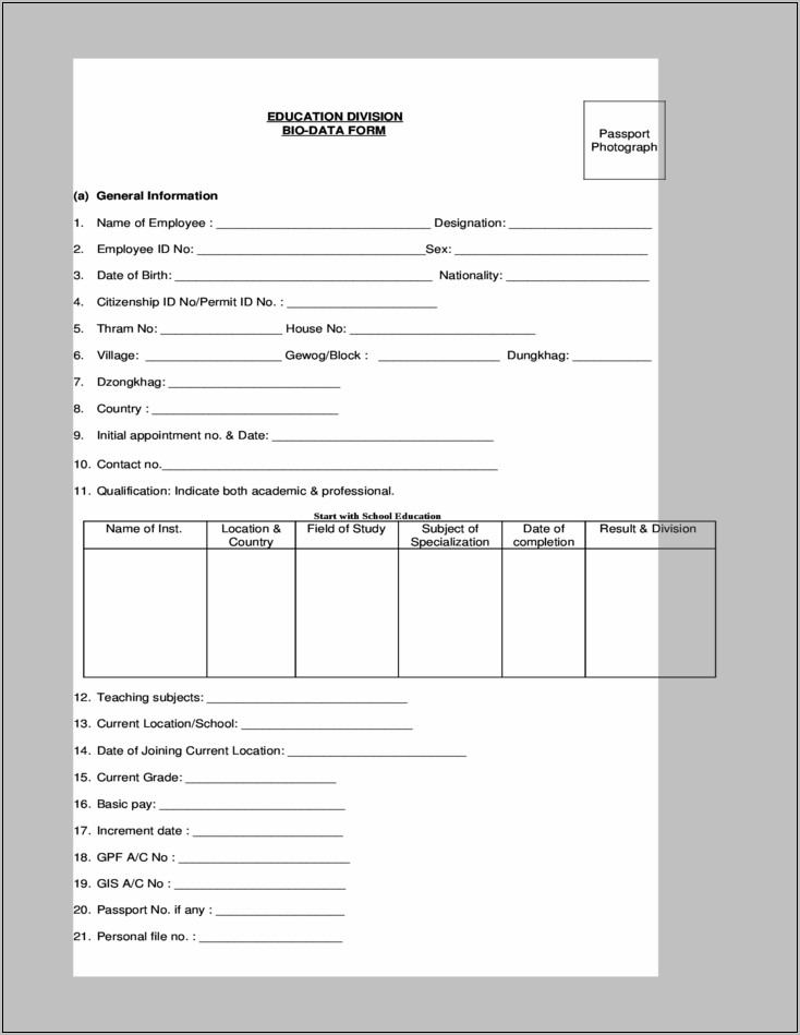 Resume Bio Data Format