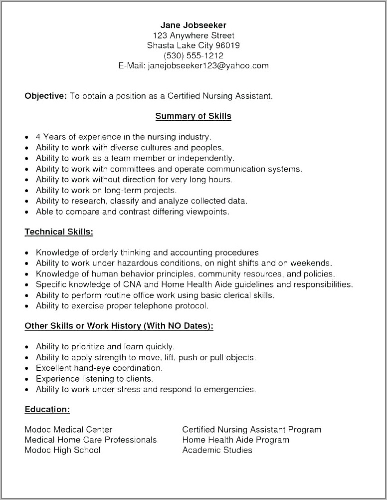 Resume Cna Job Description