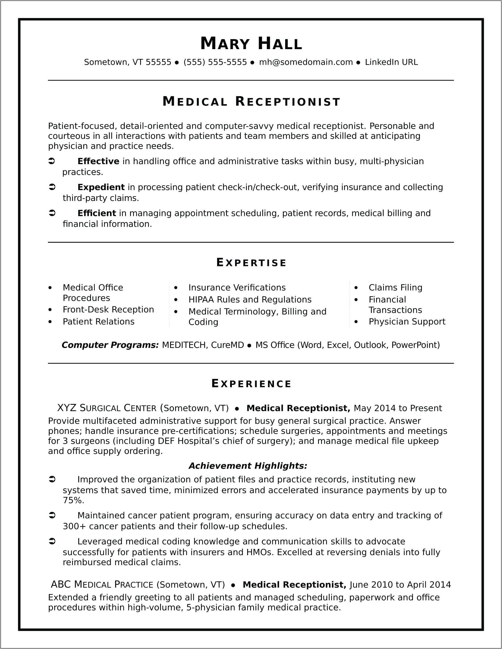 Resume Example For Medical Receptionist