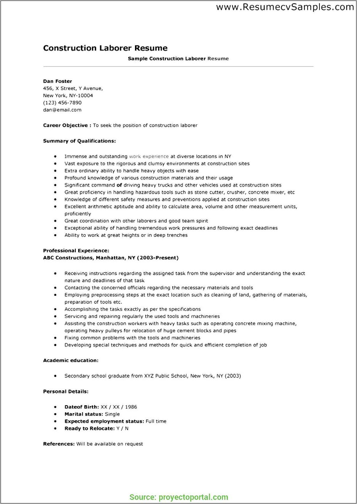 Resume Examples Construction Laborer