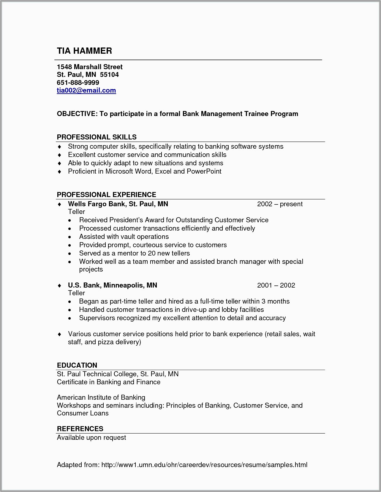 Resume Examples For Bank Teller Position
