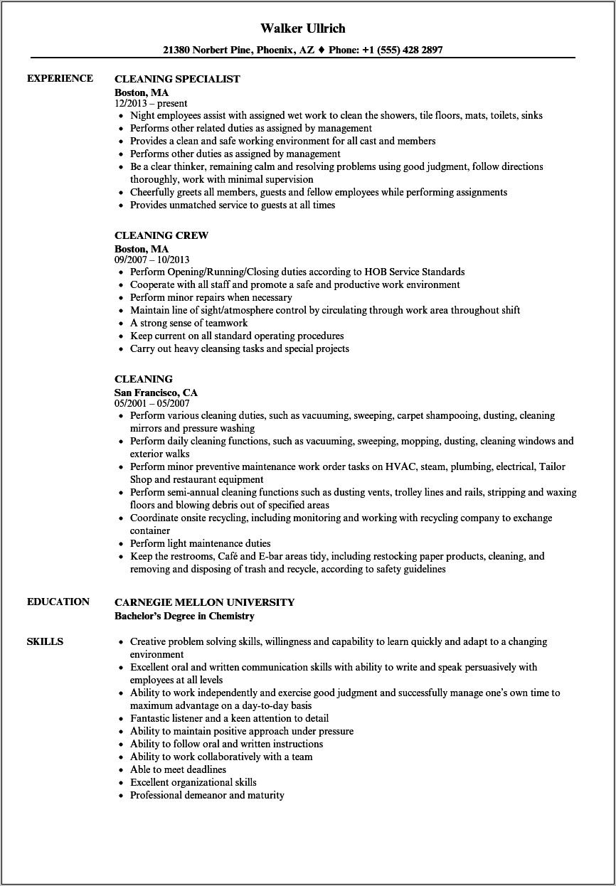 Resume Examples For Cleaning Jobs