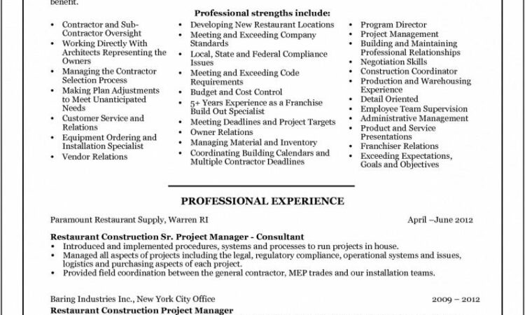 Resume Examples For Construction Project Manager