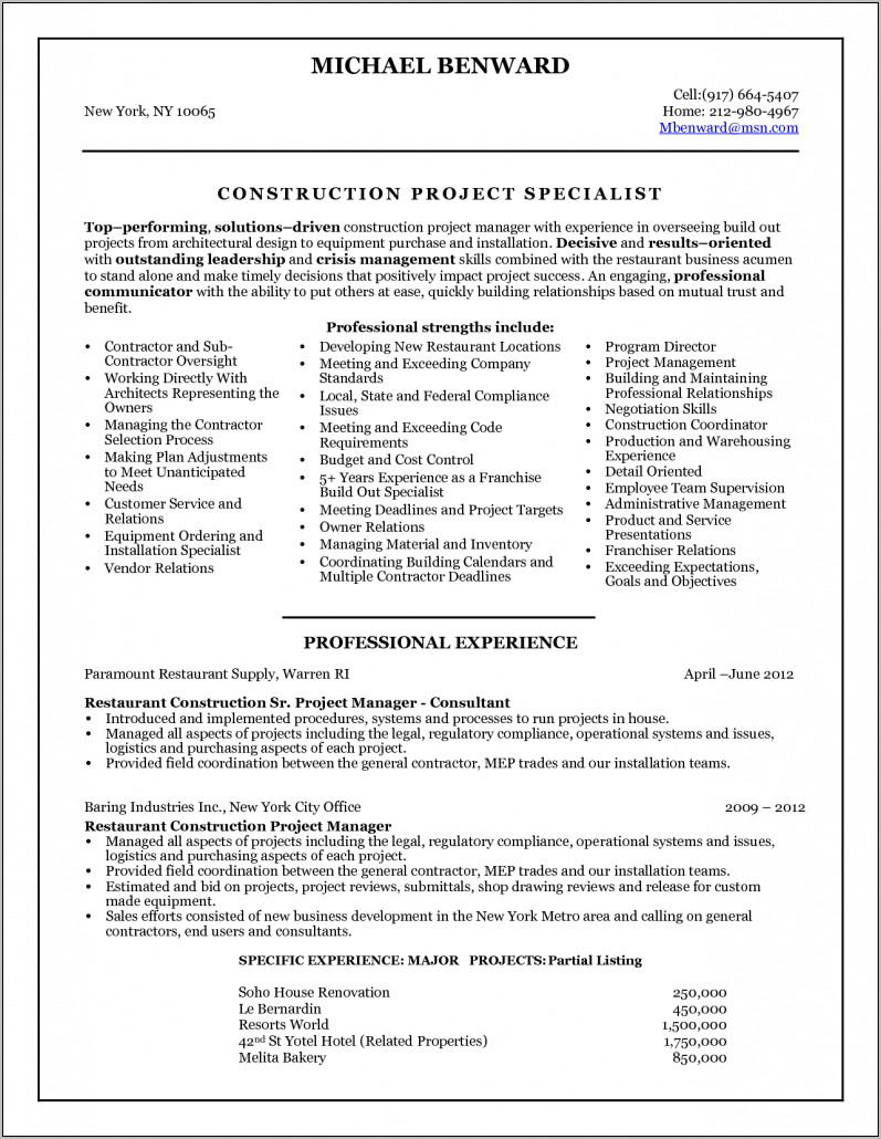 Resume Examples For Construction Project Manager