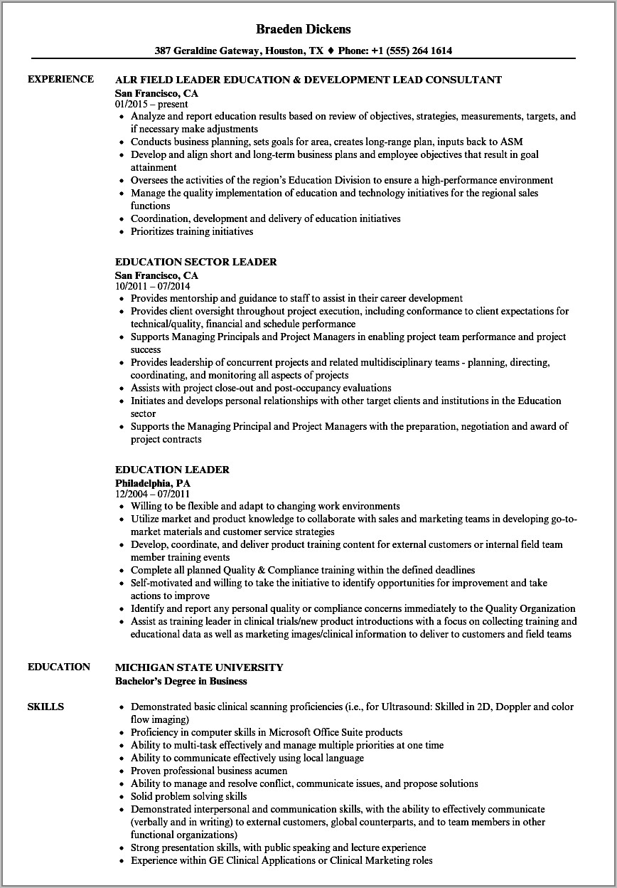 Resume Examples For Educational Leadership