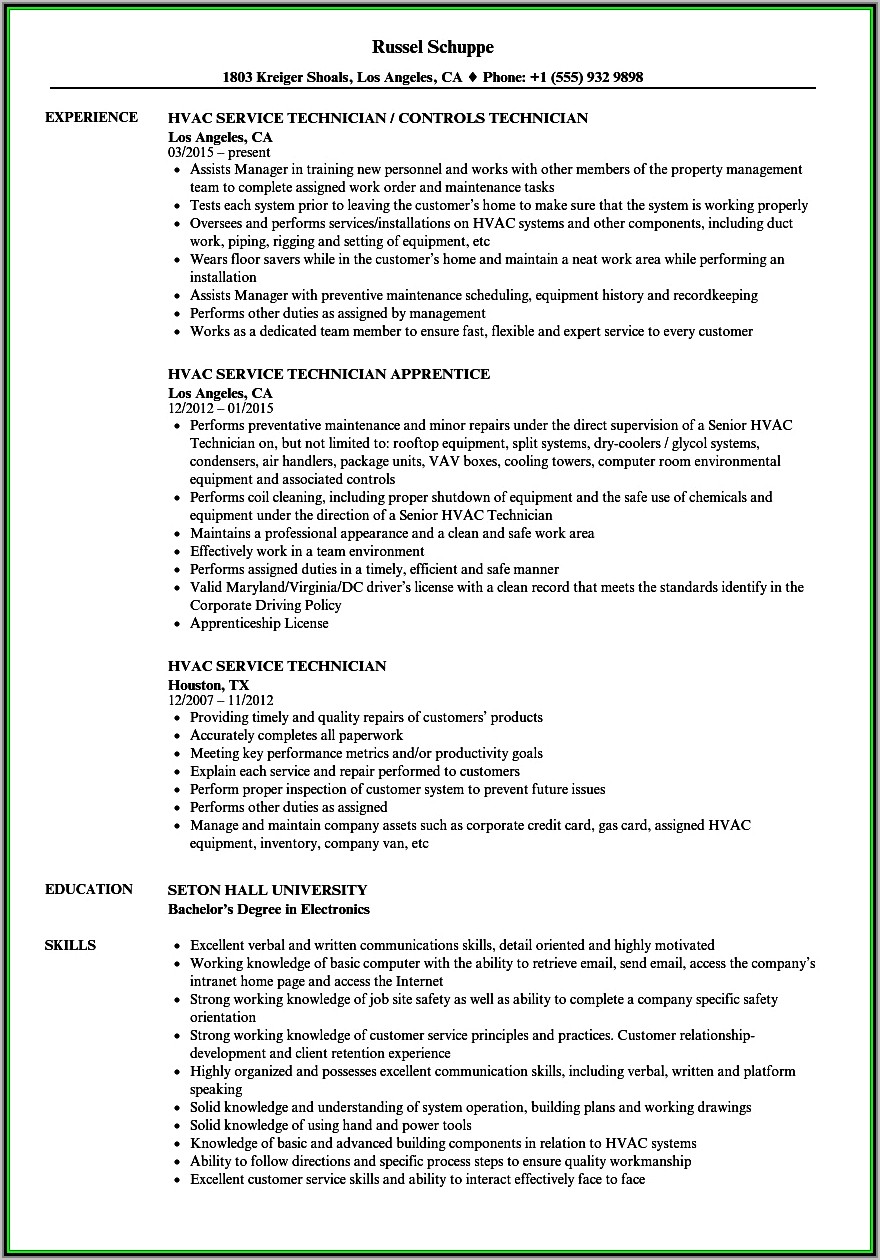 Resume Examples For Hvac Technician