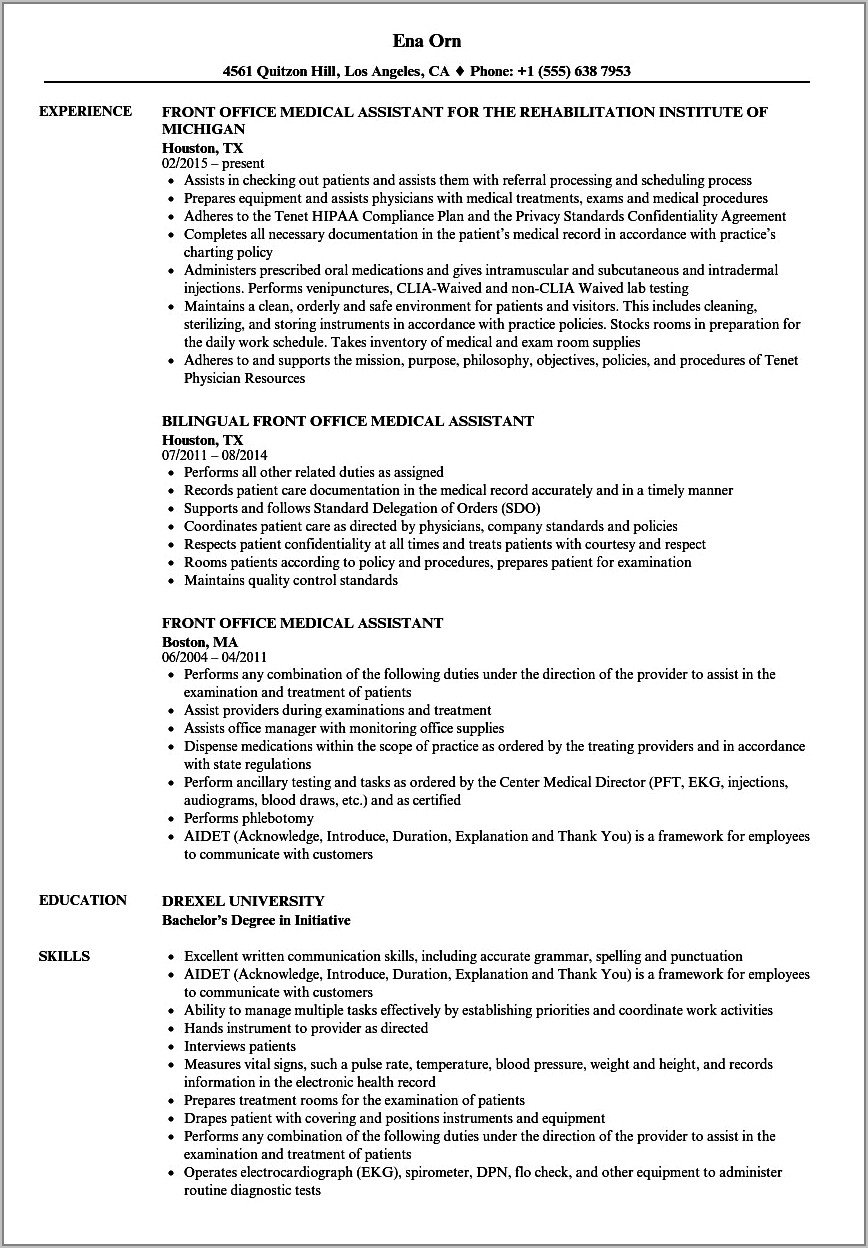 Resume Examples For Medical Assistant