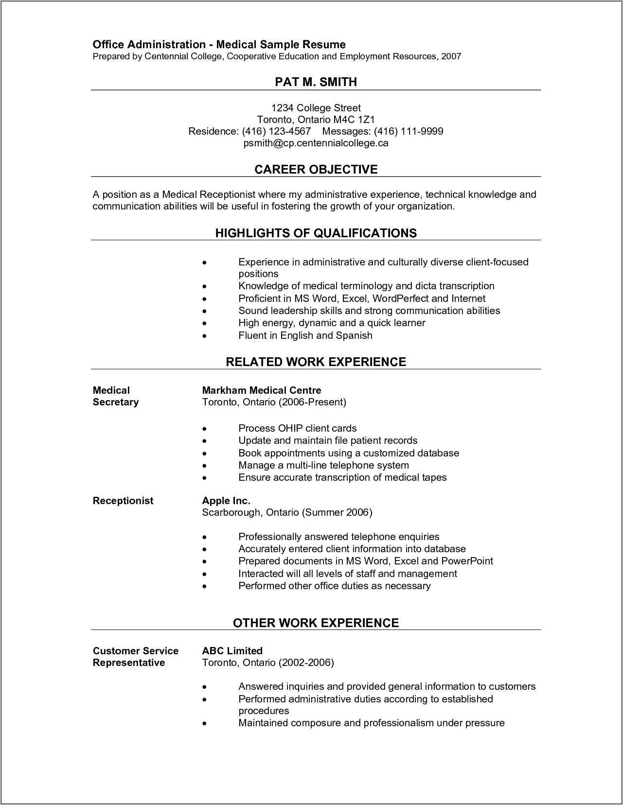 Resume Examples For Medical Office Receptionist