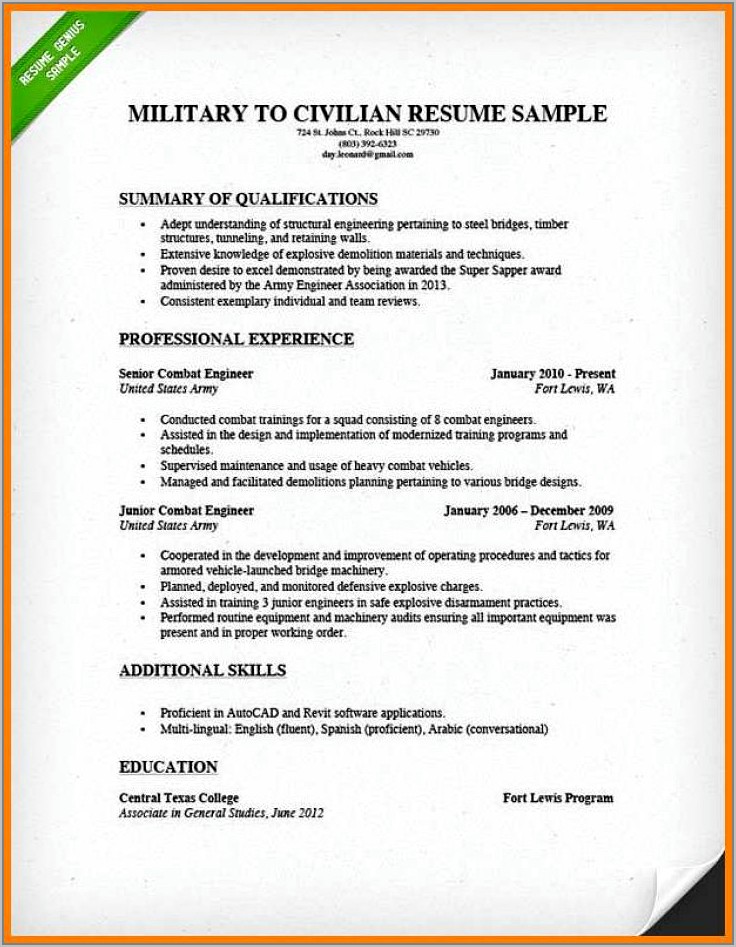 Resume Examples For Military To Civilian