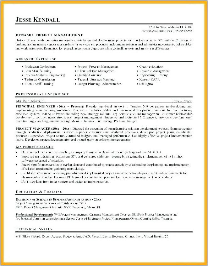 Resume Examples For Project Managers In Construction