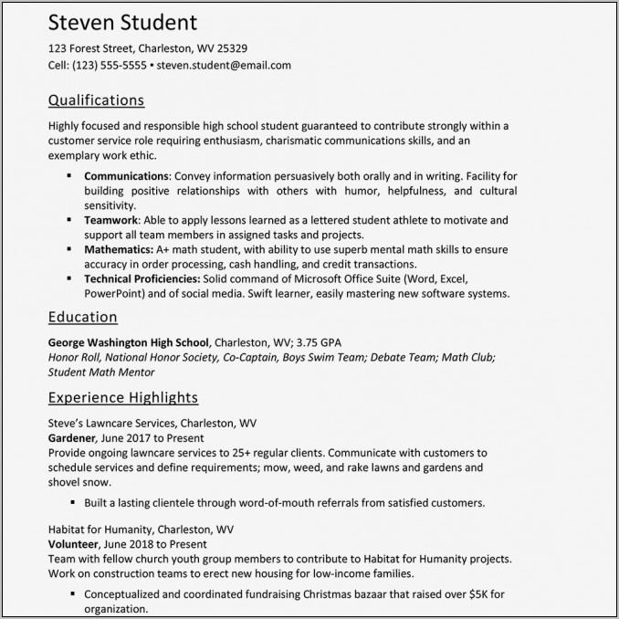Resume Examples For Students In High School