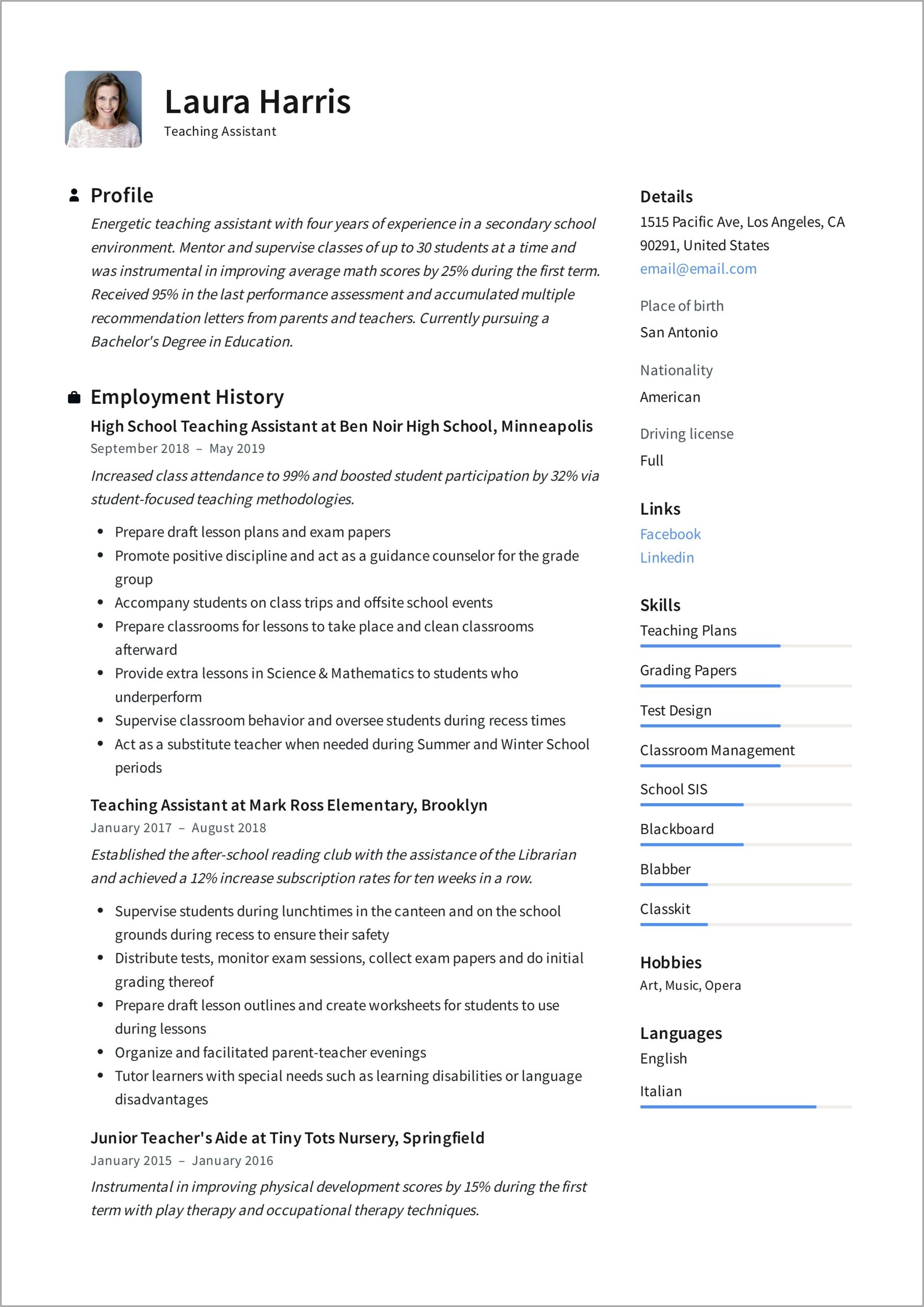 Resume Examples For Teachers Jobs