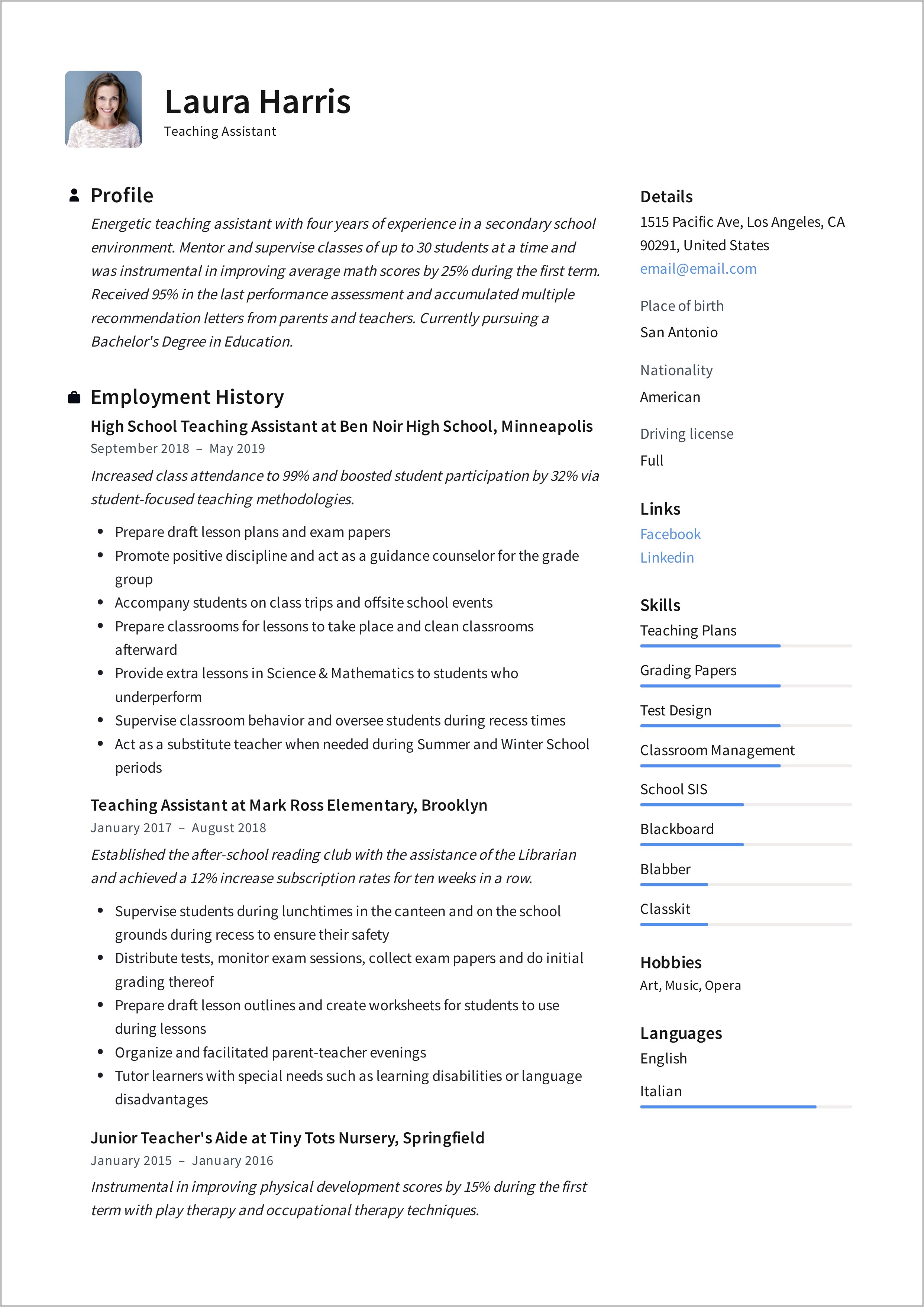 Resume Examples For Teachers Jobs