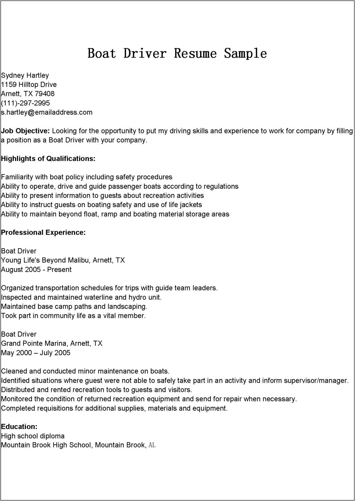Resume Examples For Truck Drivers