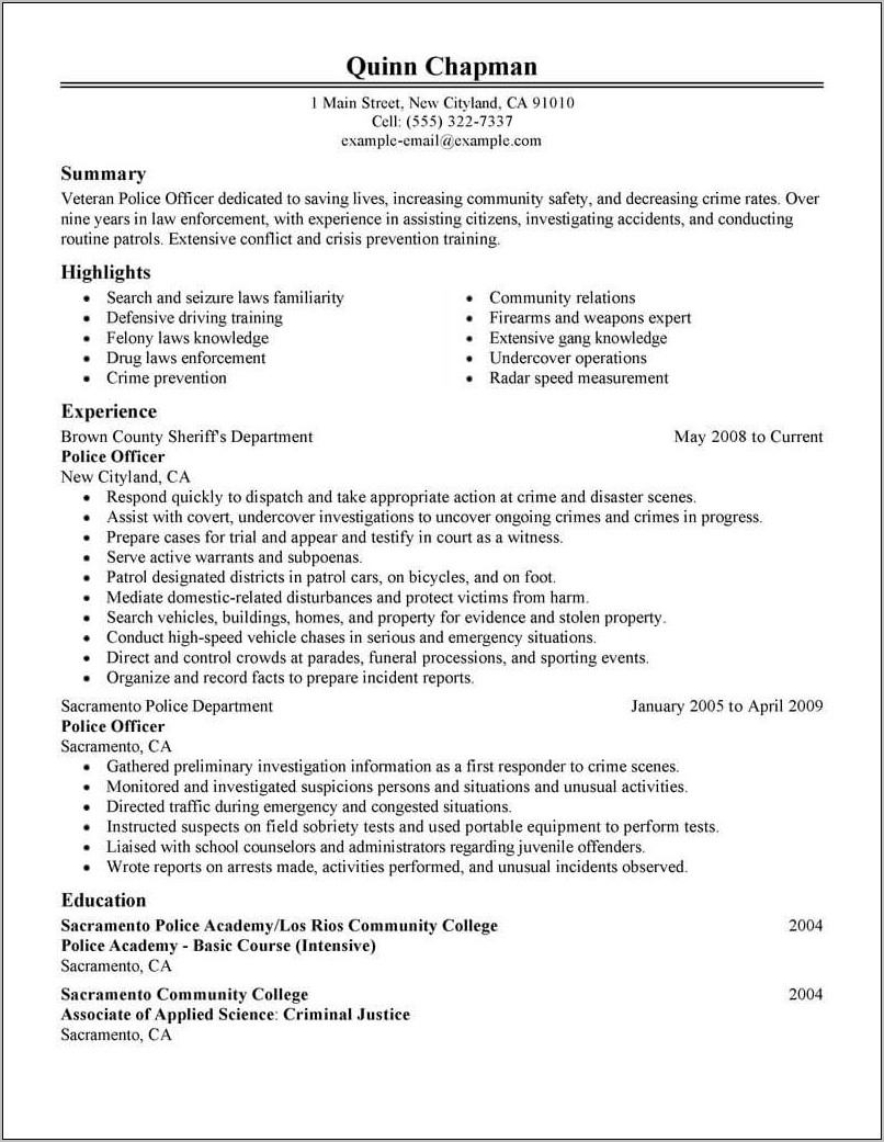 Resume Examples Law Enforcement Entry Level