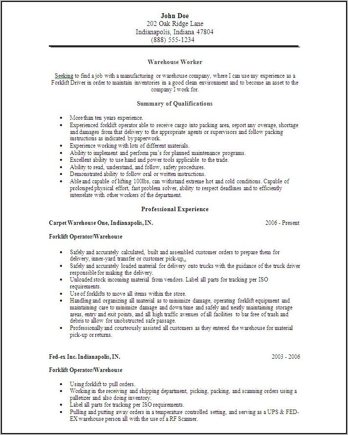 Resume Examples Warehouse Worker