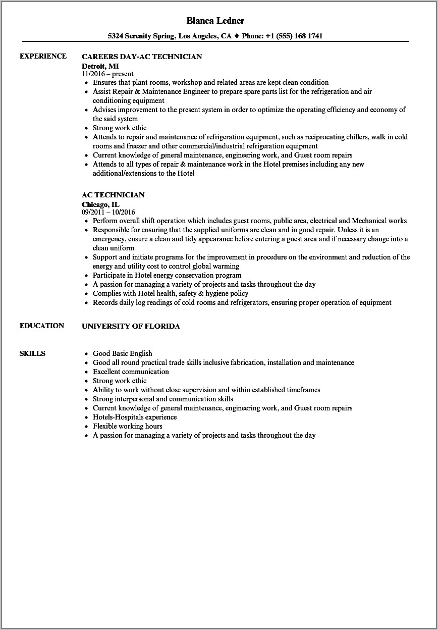 Resume For Air Conditioning Mechanic