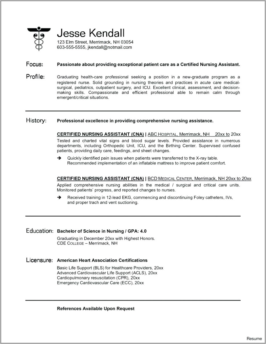 Resume For Certified Nursing Assistant Objective