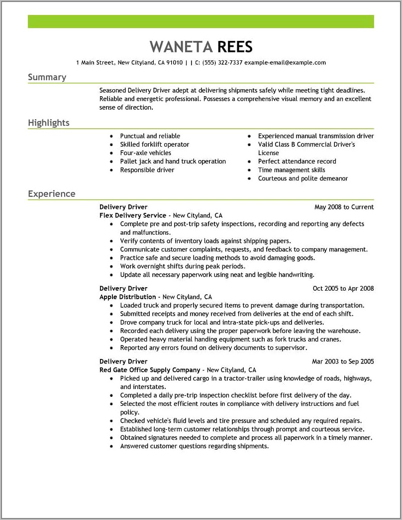 Resume For Commercial Driving Job