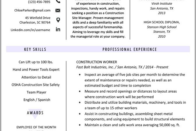 Resume For Construction Worker Sample