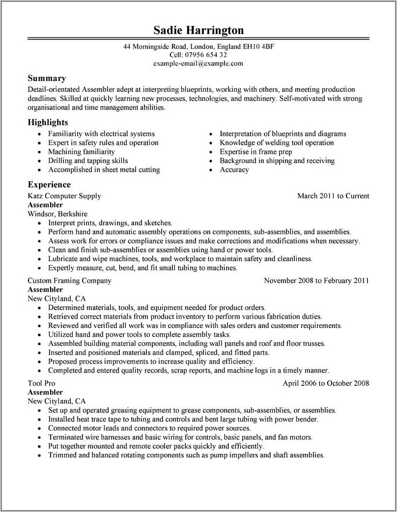 Resume For Electronic Assembler Sample