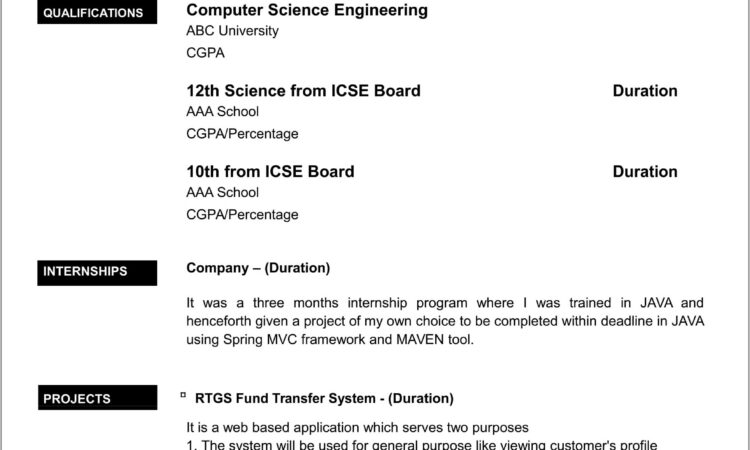 Resume For Freshers Engineers Format