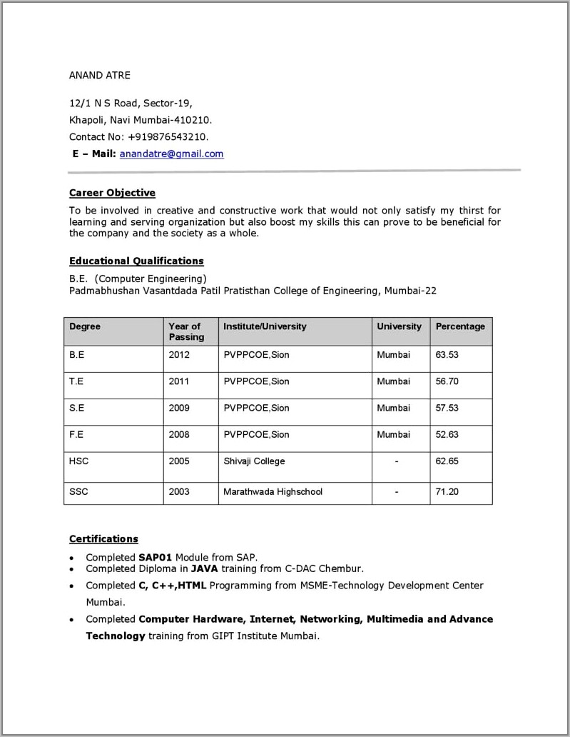Resume For Freshers Engineers Pdf Free Download