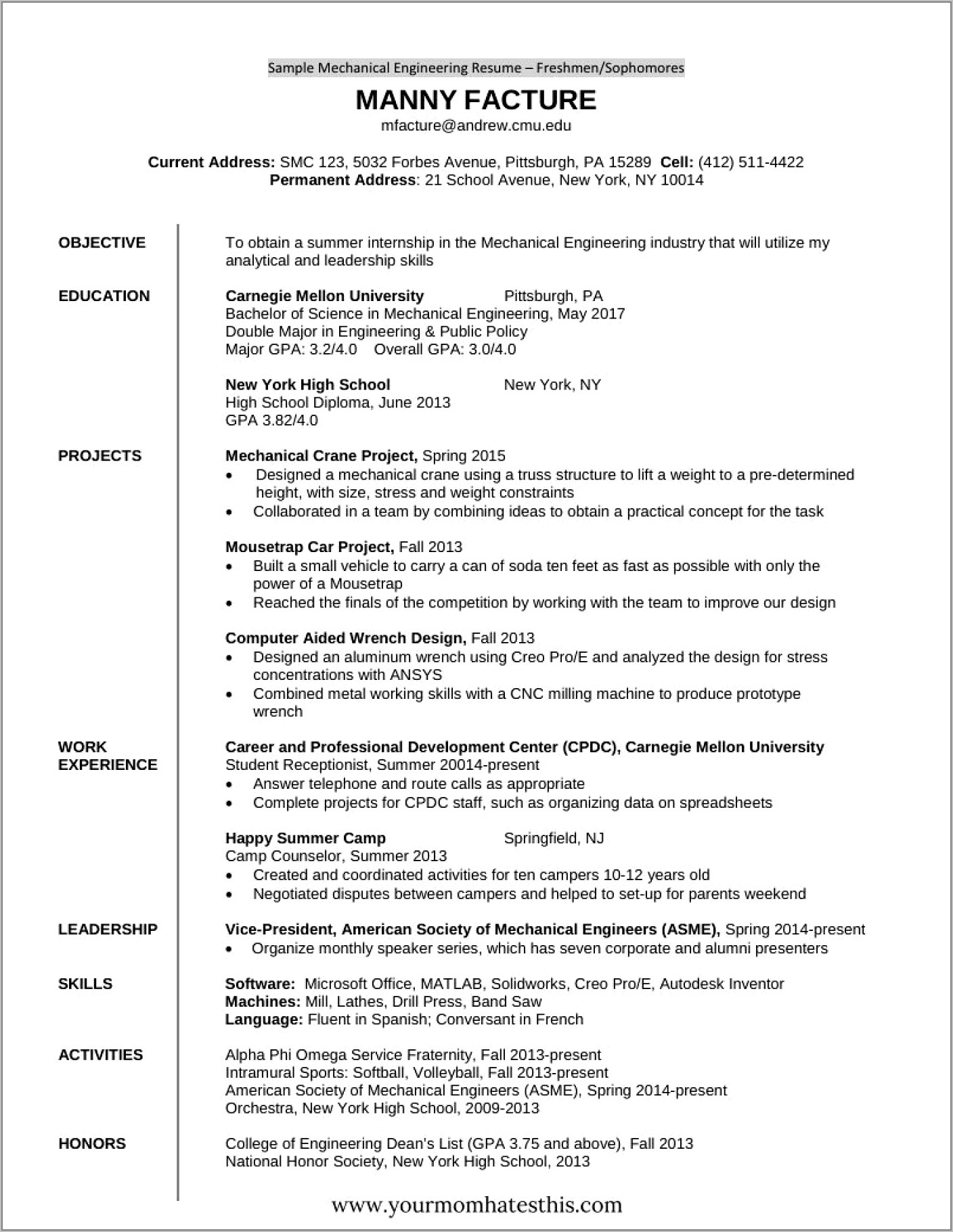Resume For Freshers Engineers Pdf