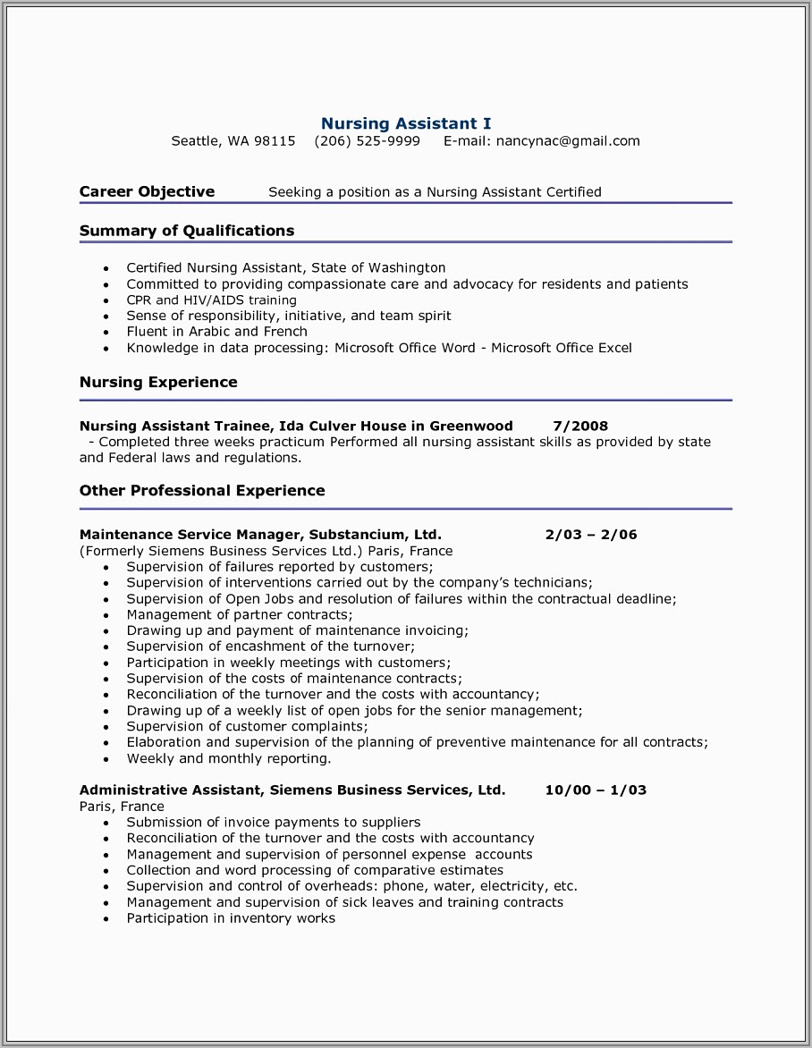 Resume For Geriatric Nursing Assistant