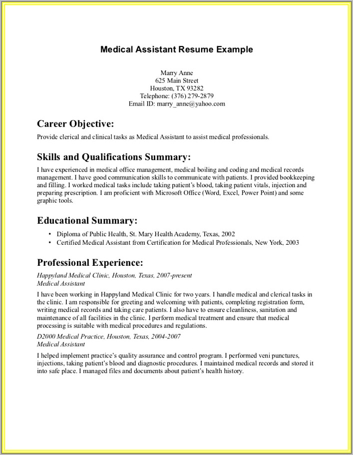Resume For Medical Assistant With No Experience