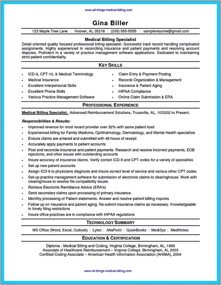 Resume For Medical Insurance Billing And Coding