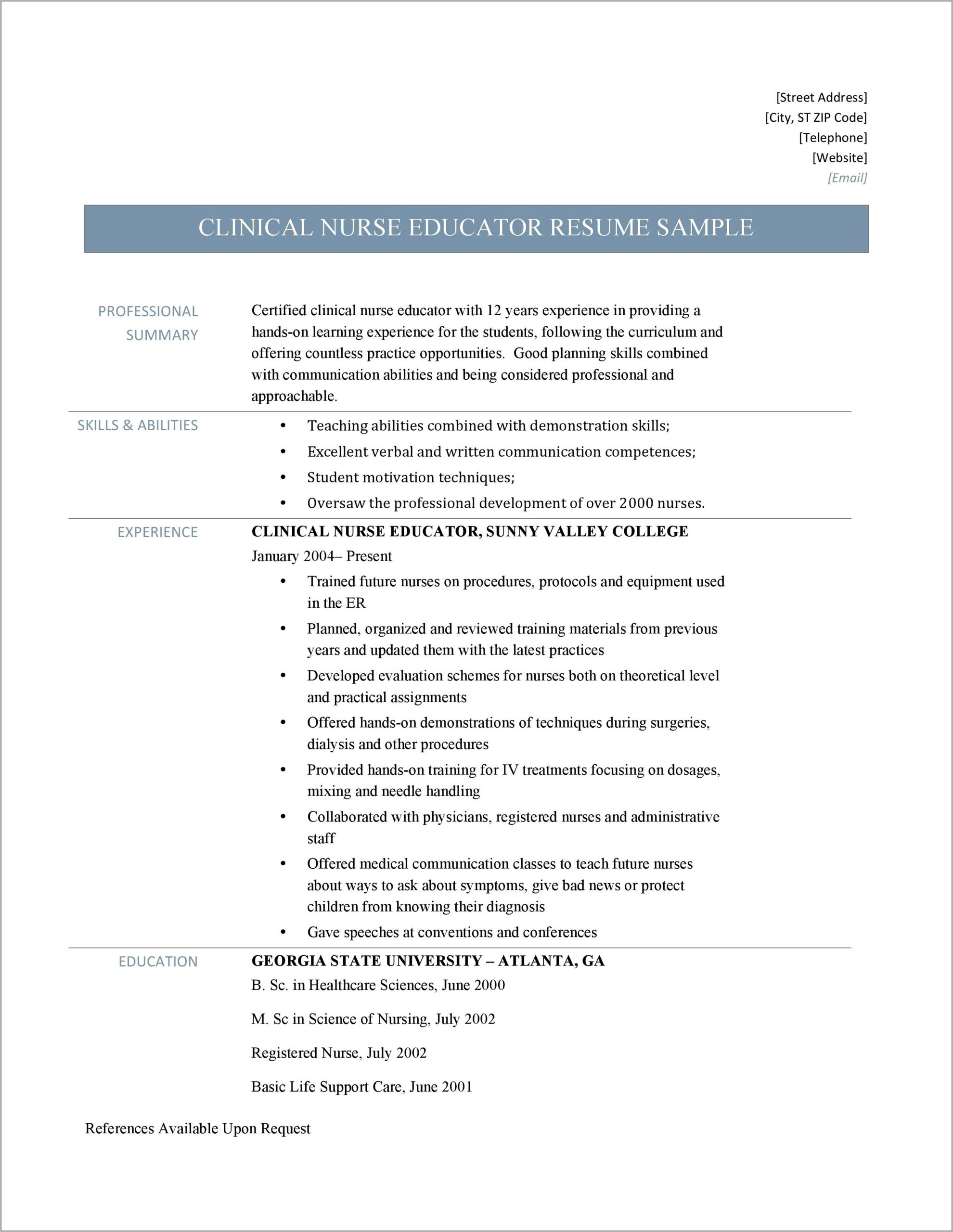 Resume For Nurse Educators Examples