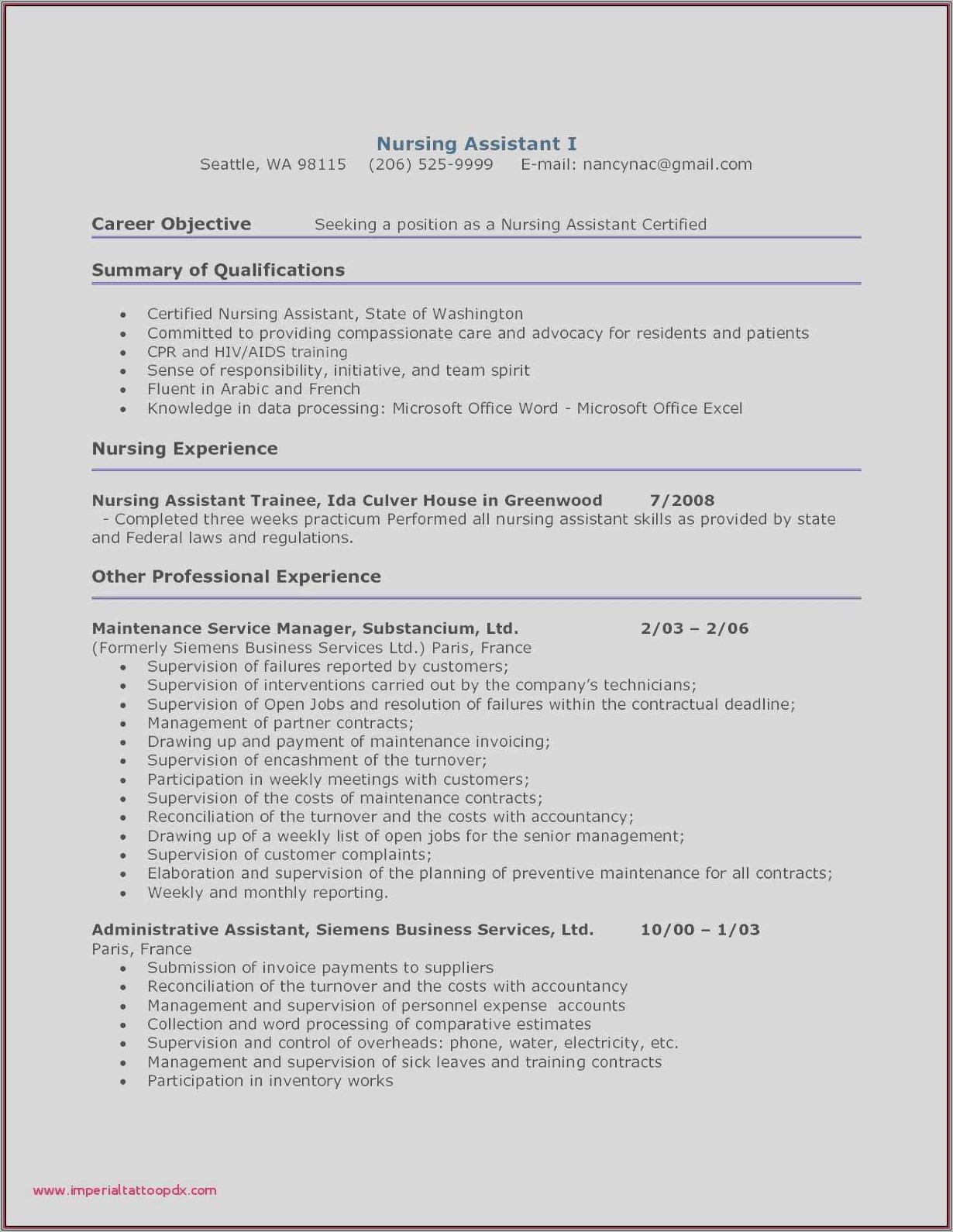 Resume For Nursing Assistant Template