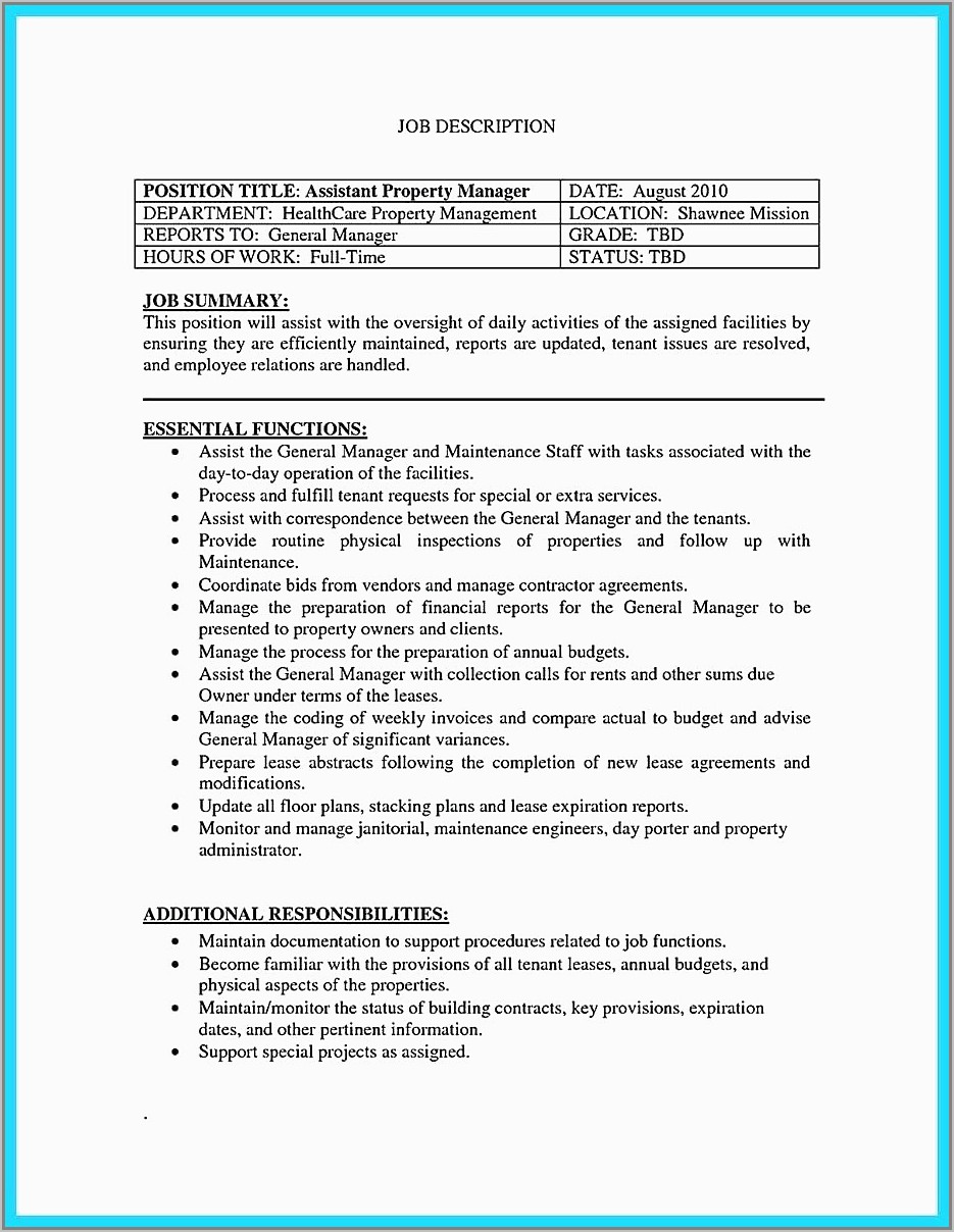 Resume For Property Manager Assistant